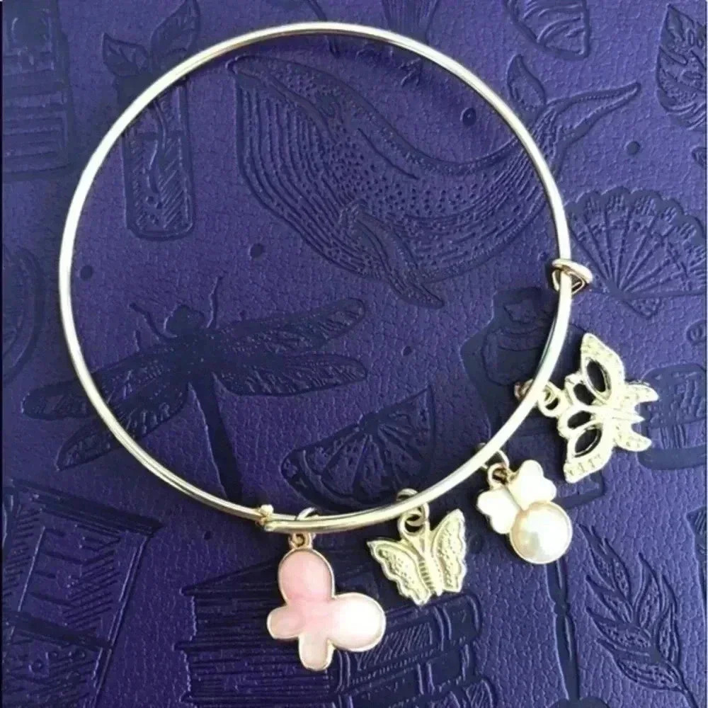 Butterfly Butterflies Gold Tone Stainless Steel Adjustable Charm Bracelet